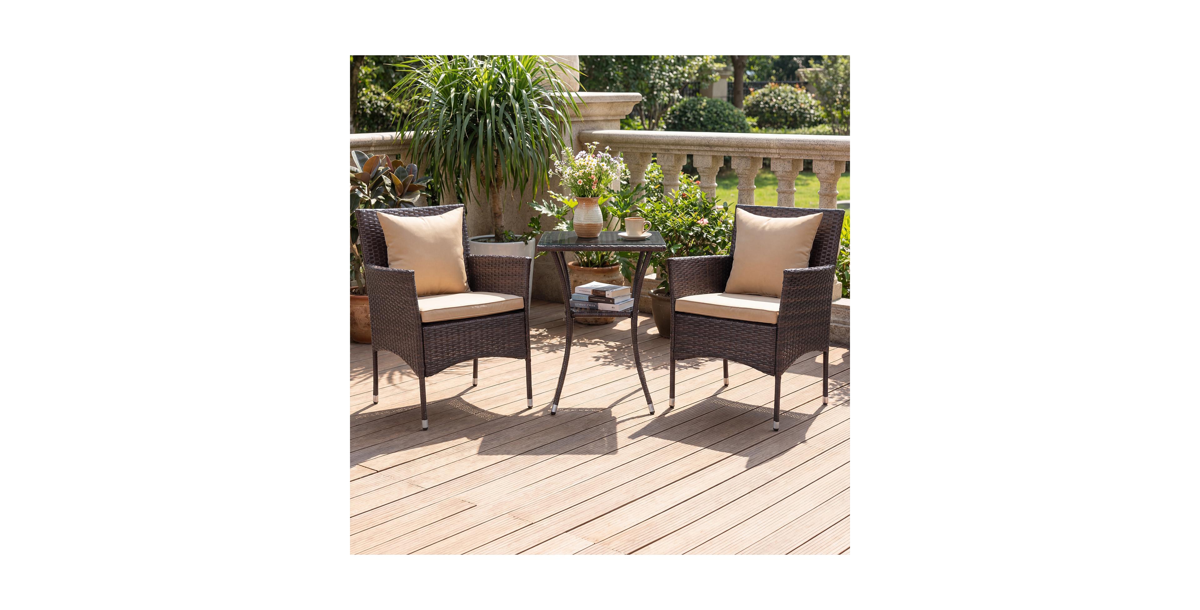 3 Pcs Patio Furniture Set witn Cushioned Chairs & Tempered Glass Coffee Table