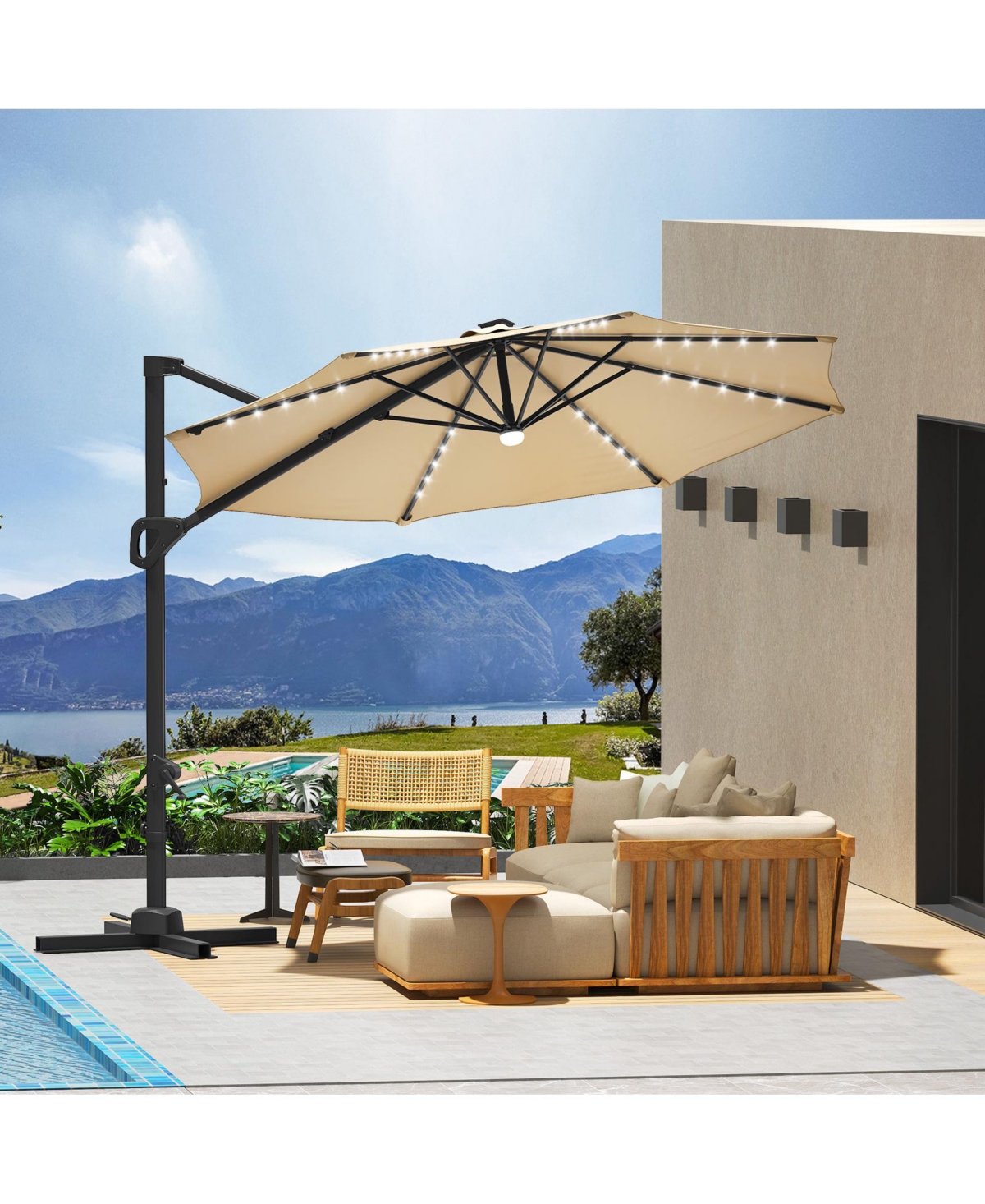 gaomon 10Feet Solar Led Cantilever Patio Umbrella, 360degree(s) Rotation, Uv Protection for Backyard, Deck