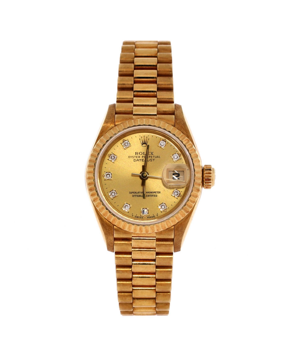 PreOwned Rolex Oyster Perpetual Datejust Automatic Watch in Gold with Diamond Markers 26mm  Dial color gold