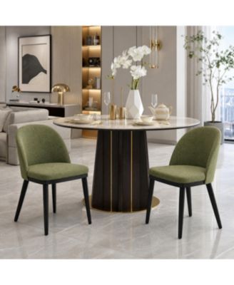 Set of 2 Modern Dining Chairs, Linen Upholstered, Thick Cushioned Seat, Curved Backrest, Sturdy Wood Legs, Accent Side Chairs for Dining Room