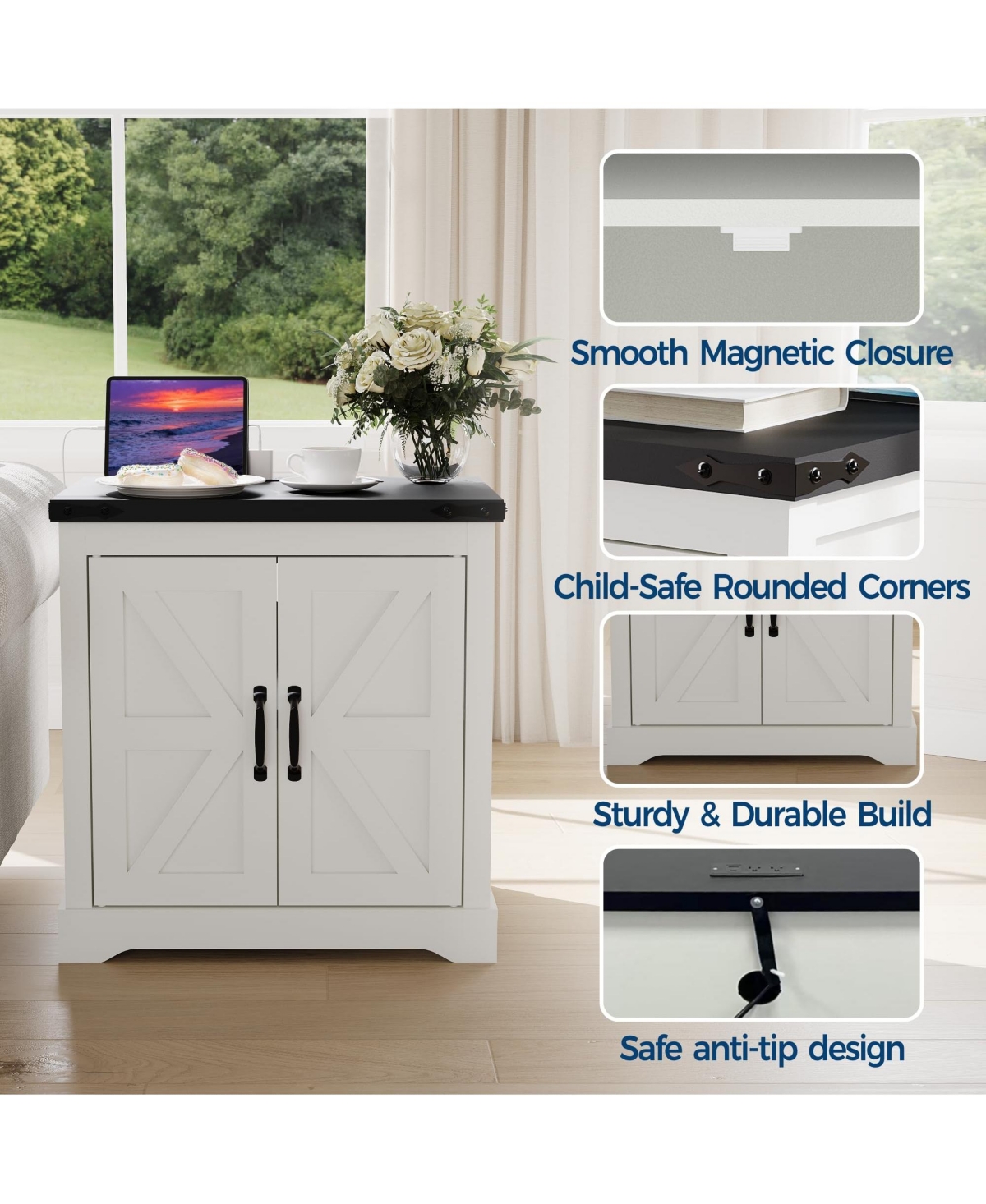 homfan Farmhouse End Table with Charging Station, Barn Door Nightstand with Adjustable Shelf for Bedroom, Living Room, or Office