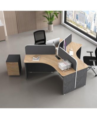 3 Person Office Cubicle Desk Workstation with Drawers and Built-in Power Outlets, Adjustable Wall Partitions