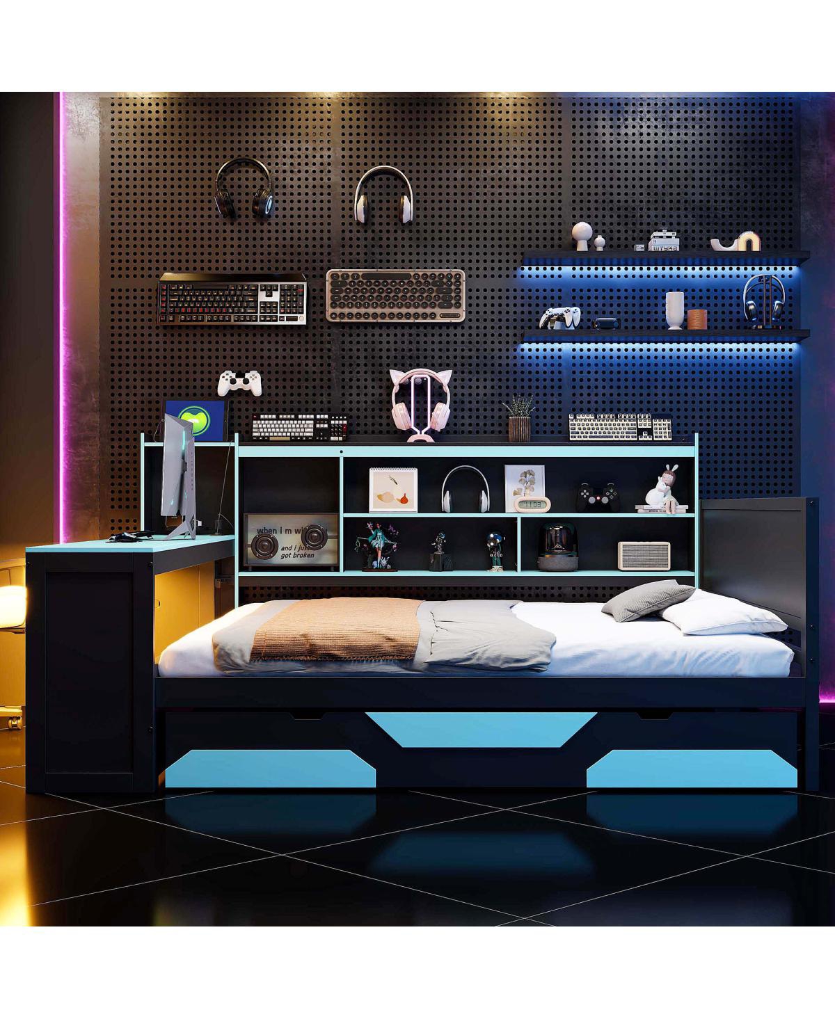 Streamdale Furniture Queen Gaming Daybed with Desk, Storage, Lights and Charging Station
