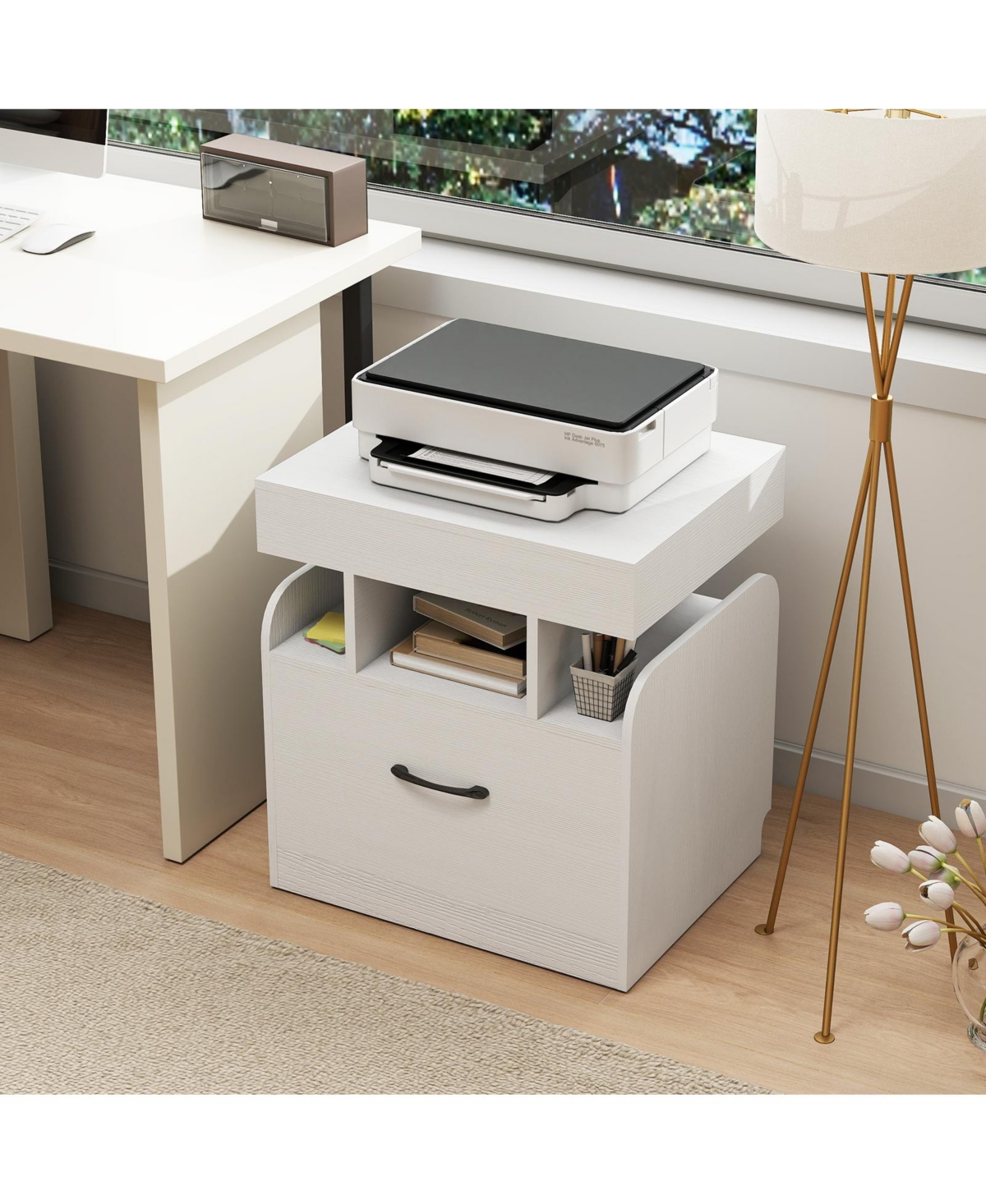Gymax Nightstand with Charging Station Drawer and Sliding Top Storage Tray Open Shelves
