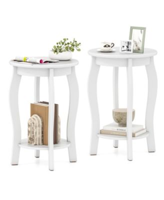 2-Tier Round End Table Set of 2 Narrow Sofa Side Nightstand with Storage Shelf