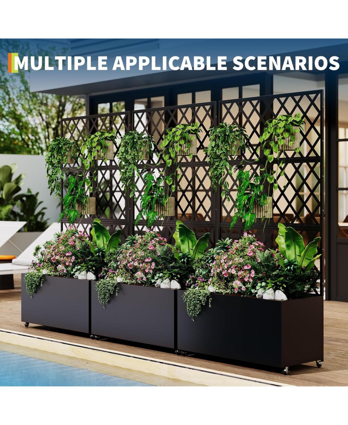 Xo 71x35x16" Steel Raised Garden Bed with Trellis, Mobile Planter Box with Wheels and Privacy Screen for Patio Deck Garden
