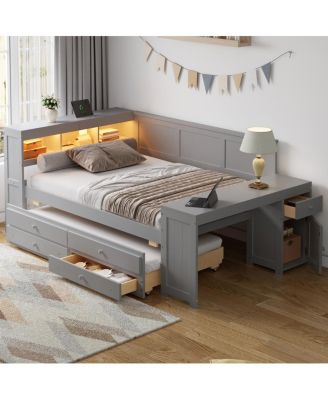 Full Size Daybed with Storage, Trundle, Desk, Charging Station and LED