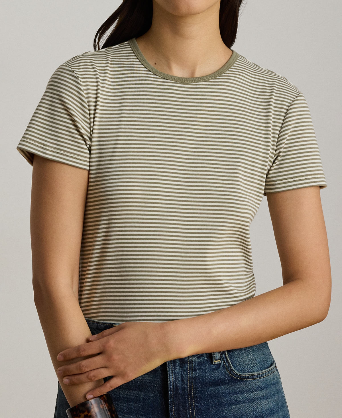 Lauren Ralph Petite Striped Rib-Knit Stretch Crewneck T-Shirt