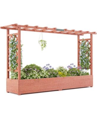 Elevated Wooden Garden Bed with Trellis and Roof, Planter Box with Drainage Holes for Climbing Plants Flowers Patio Deck