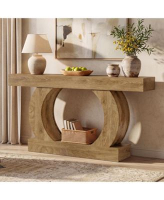 59-Inch Farmhouse Console Table, Curved Entryway Table with Unique Circular Base, 2-Tier Behind-Couch Console