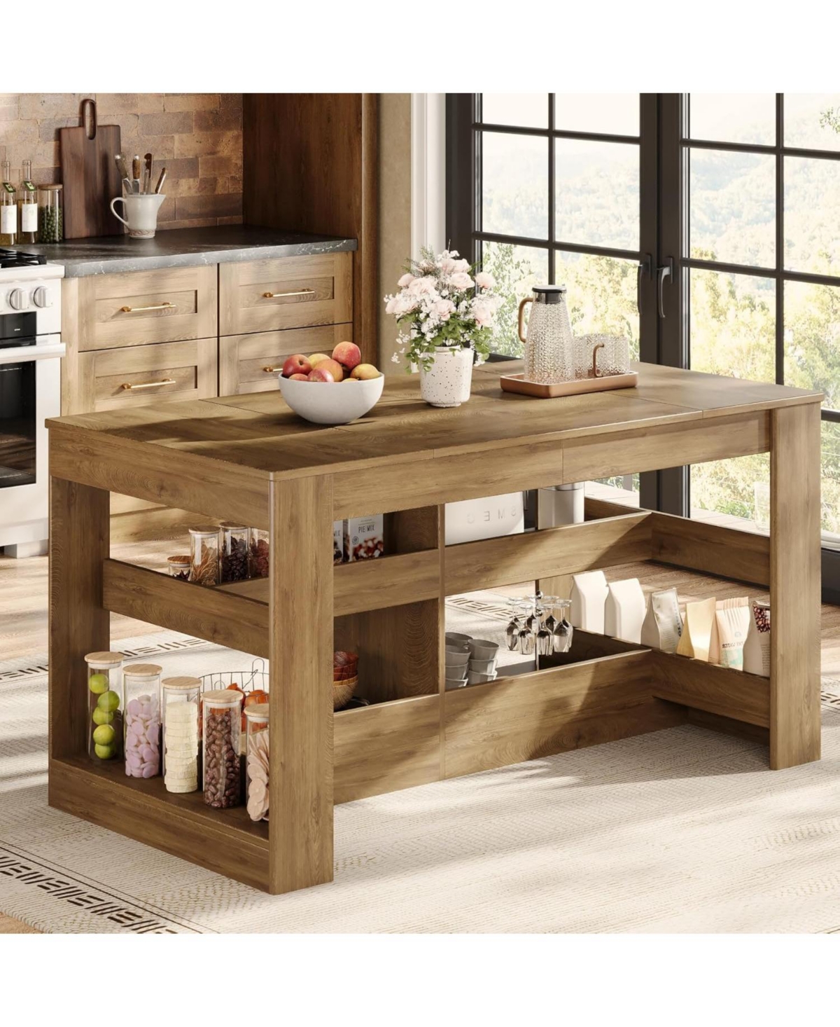 Tribesigns 63" Kitchen Island with Storage, 3-Tier Farmhouse Wooden Stationary Island Table with Large Worktop and Leg Room, Coffee Bar Table