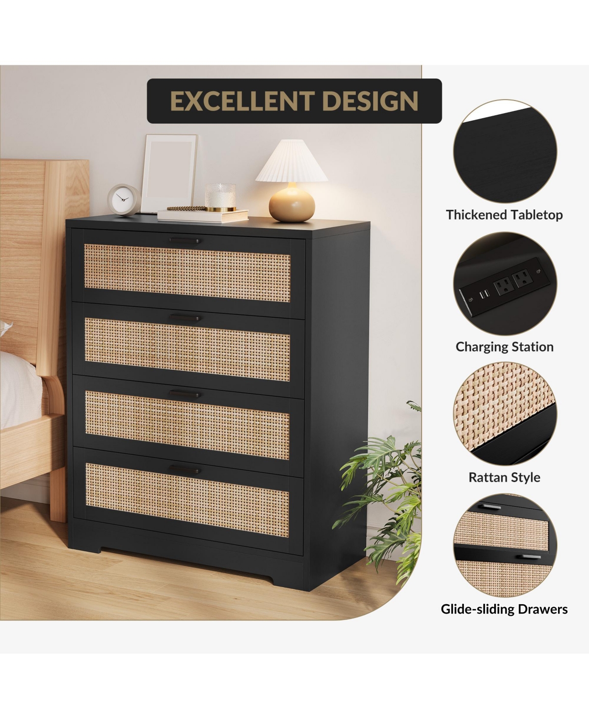 homfan Tall 4-Drawer Rattan Dresser with Wood Top, Modern Storage Chest Handles for Bedroom, Living Room, Entryway, Hallway
