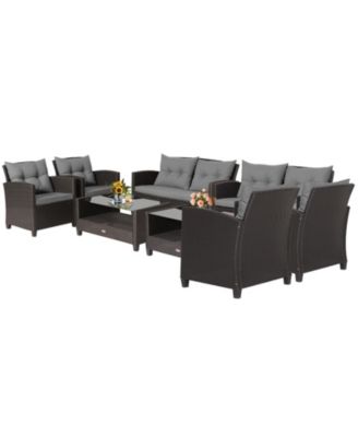 8 Pc. Rattan Patio Furniture Set with Glass Table, Shelf and Sofa Cushions