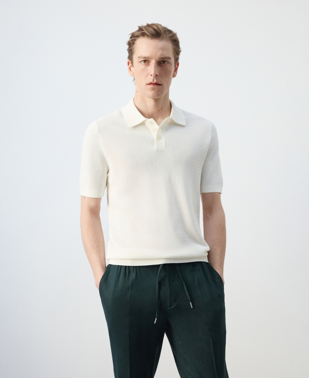 Mango Men's Fine-Knit Ribbed Cotton Polo Shirt - Off White