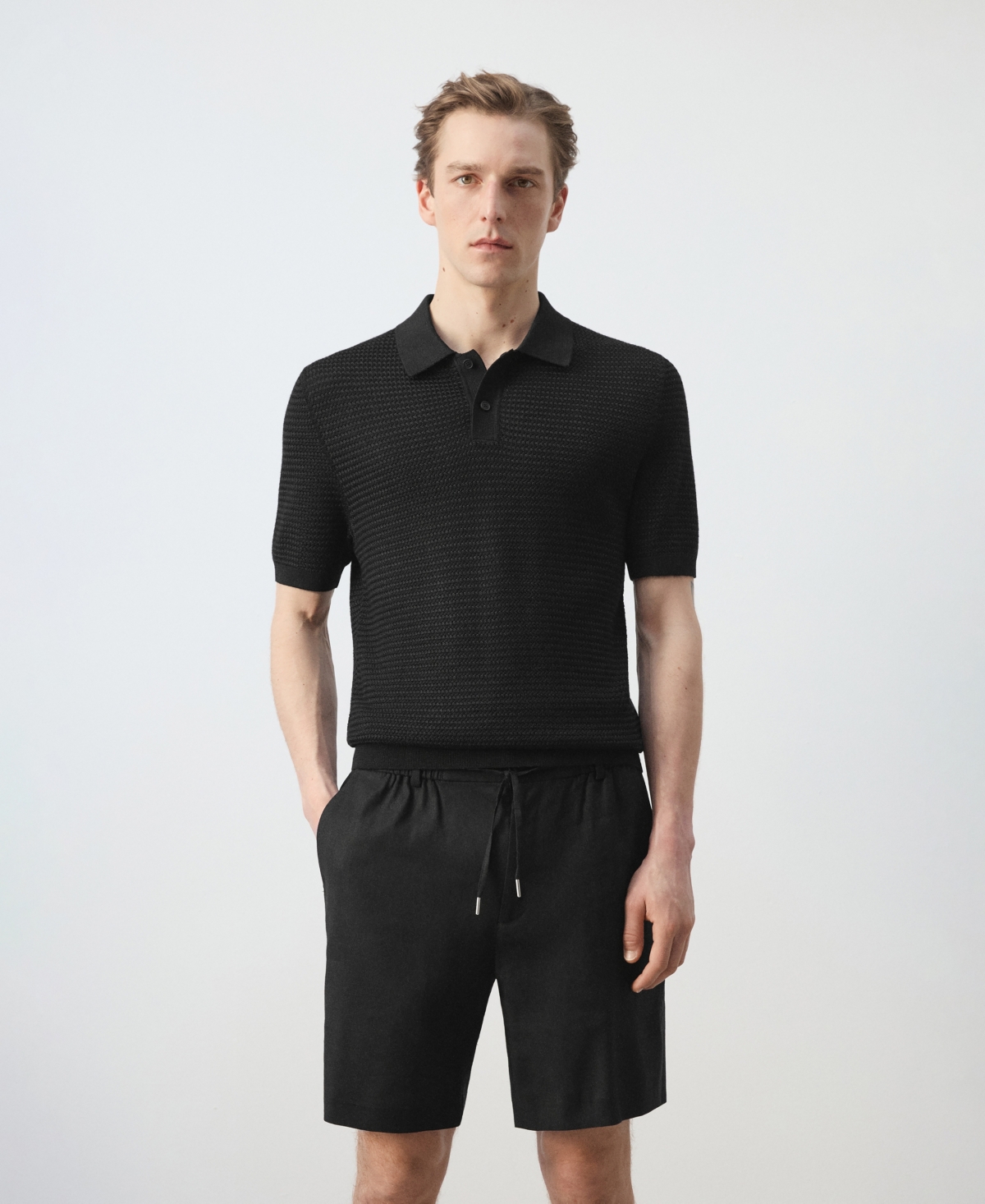 Mango Men's Fine-Knit Ribbed Cotton Polo Shirt - Black