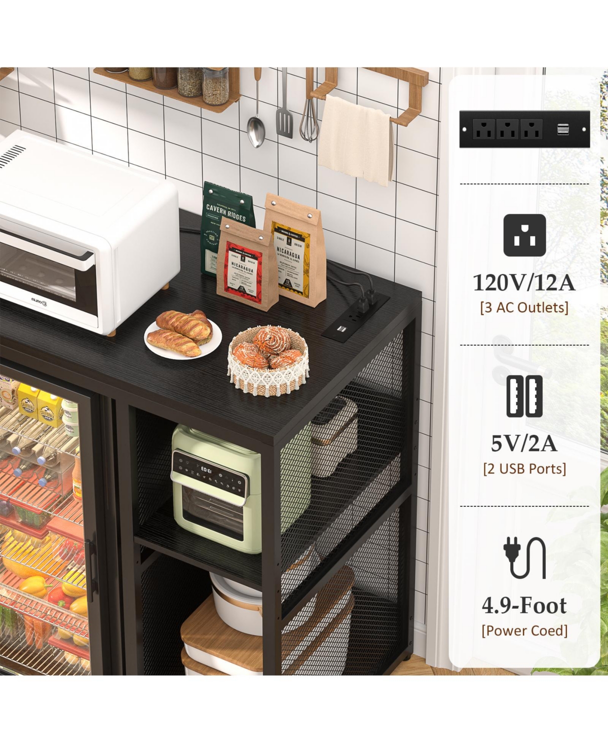 Aheaplus Coffee Bar Cabinet with Mini Fridge Space, Buffet Sideboard Charging Station