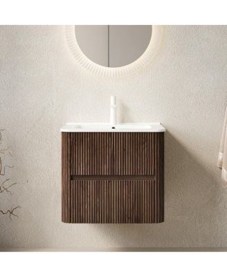 Floating Wall Mounted Bathroom Vanity with Ceramic Sink, Soft Close Drawers and Retro Natural Plywood Cabinet for Small Bathrooms-Sillysis