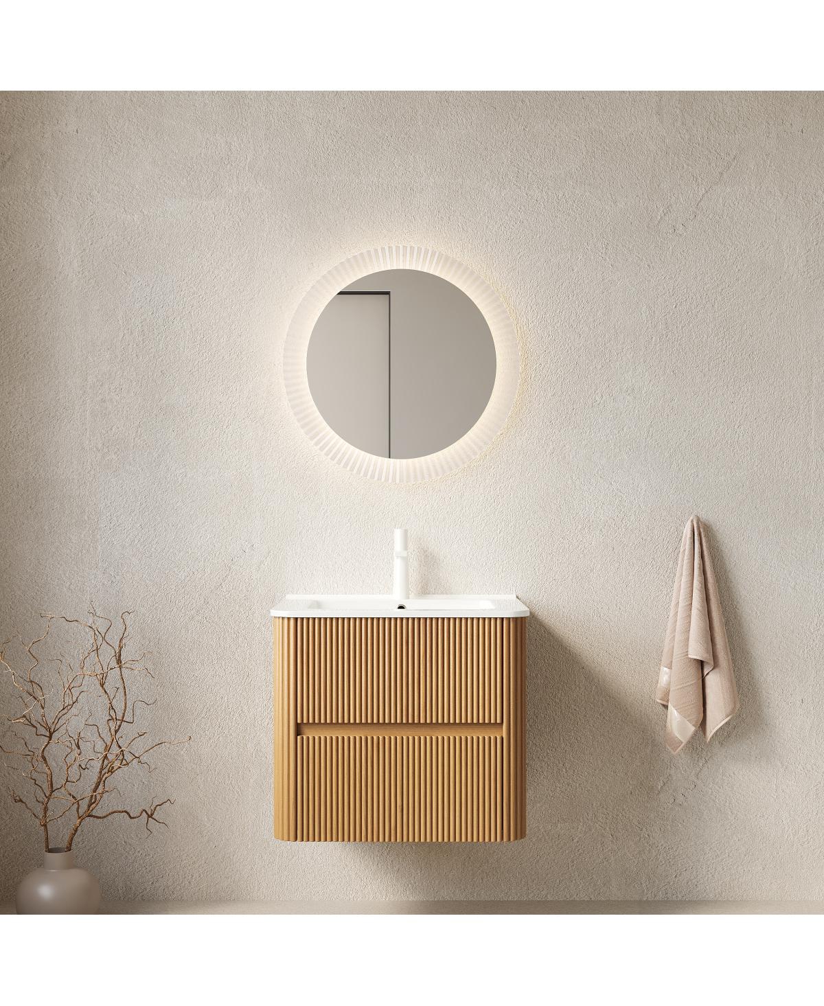 Sillysis Floating Wall Mounted Bathroom Vanity with Ceramic Sink, Soft Close Drawers and Retro Natural Plywood Cabinet for Small Bathrooms-Sillysis