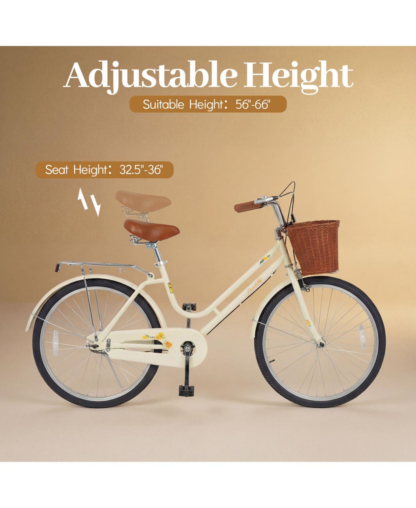 Детская игрушка Gymax 24-Inch Beach Cruiser Bike with Adjustable Seat Woven Basket and Rear Rack, цвет: Светлый бежевый — фото 5