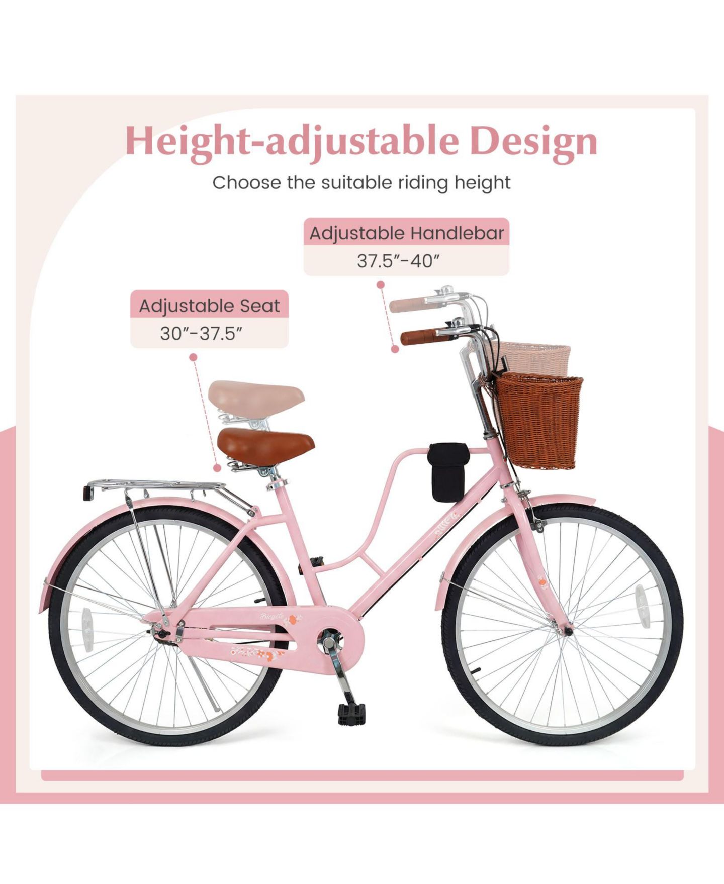 Детская игрушка Gymax Beach Cruiser 24" Commuter Bike with Adjustable Seat, Woven Basket & Rear Rack, 220 lbs. Capacity, Ages 8+, цвет: Розовый — фото 6