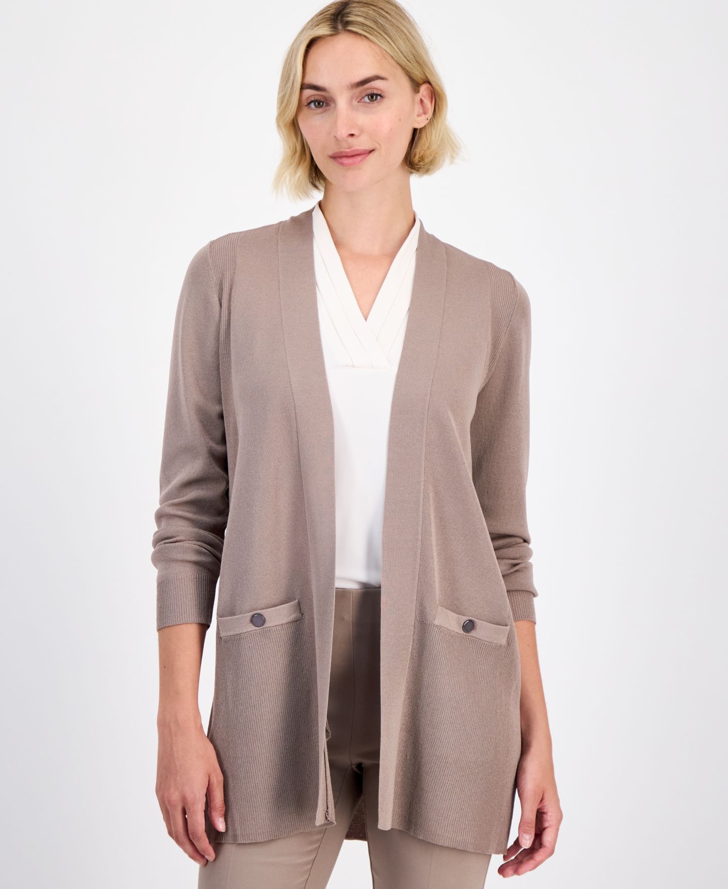 Женский кардиган Anne Klein Open-Front Buttoned-Pocket, цвет: Натуральный глиняный — фото 3