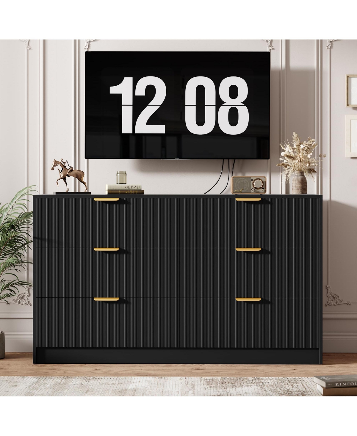 homfan 6-Drawer Fluted Dresser Chest with Metal Handles, Modern Wide Storage Organizer for Bedroom, Living Room, Entryway or Hallway