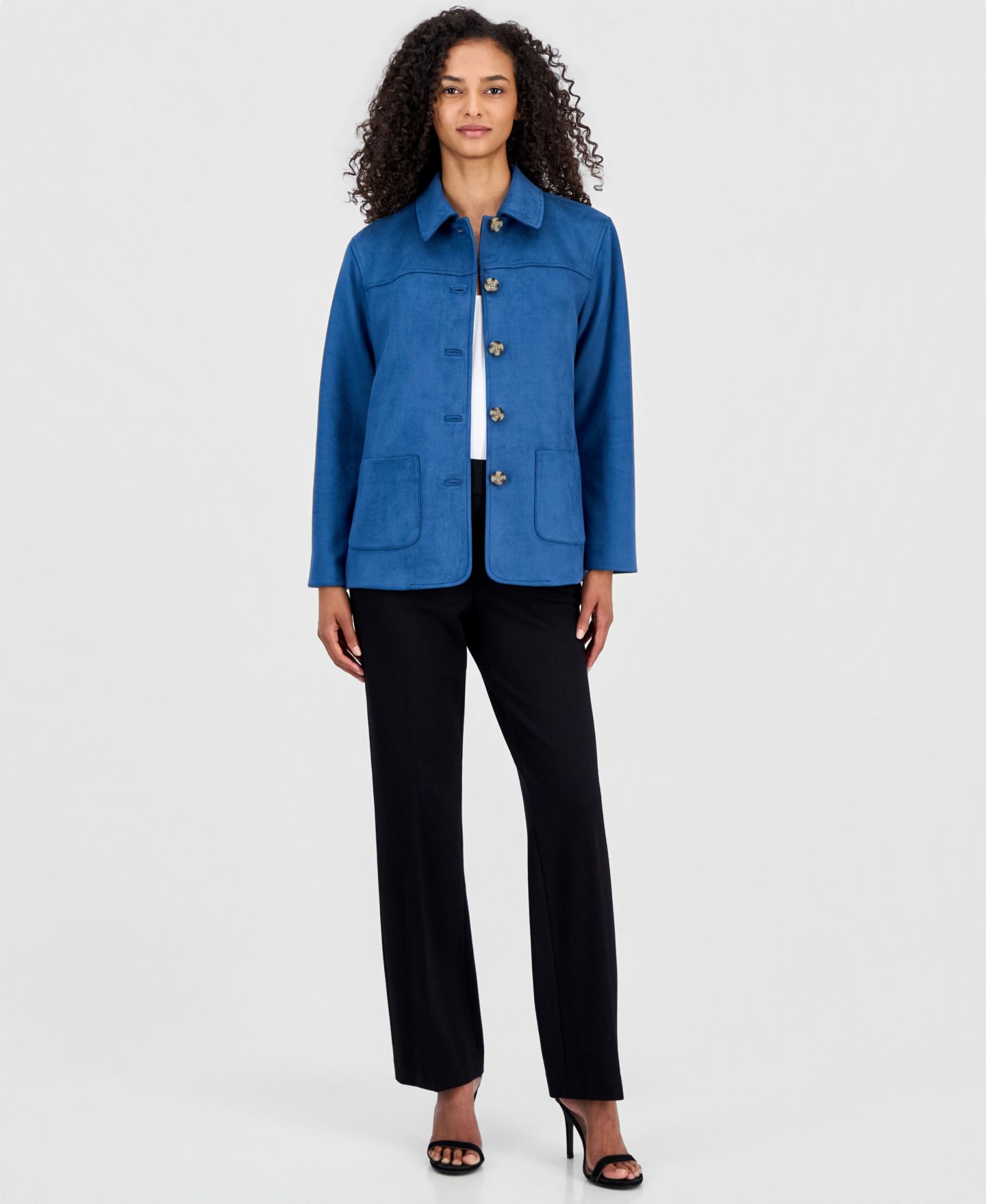 Женская куртка Anne Klein Faux Suede Button-Front Long-Sleeve Jacket, цвет: Тёмный синий — фото 3