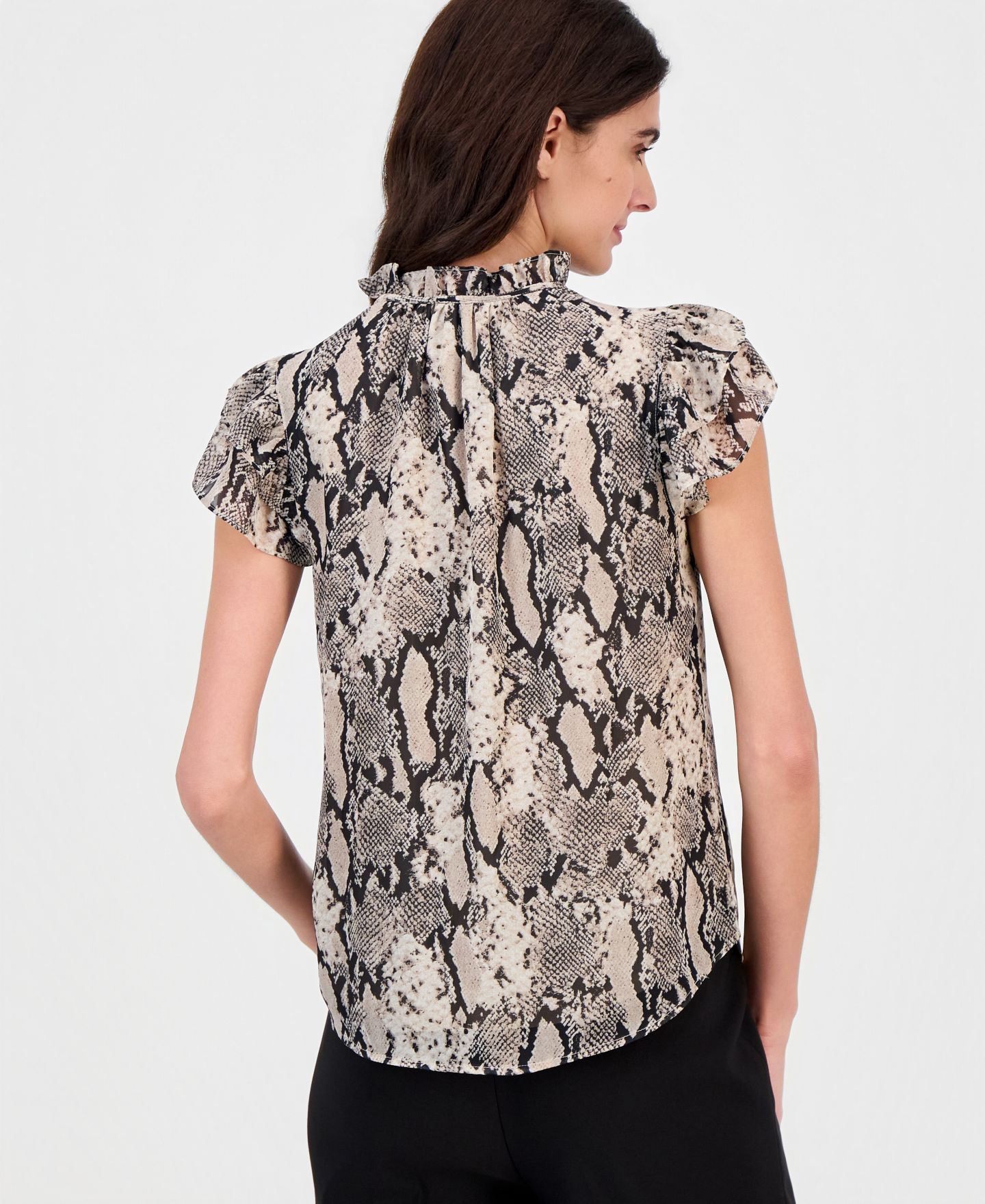 Женский топ Anne Klein Printed Ruffle-Sleeve Tie-Neck Top, цвет: Натуральный глиняный — фото 4