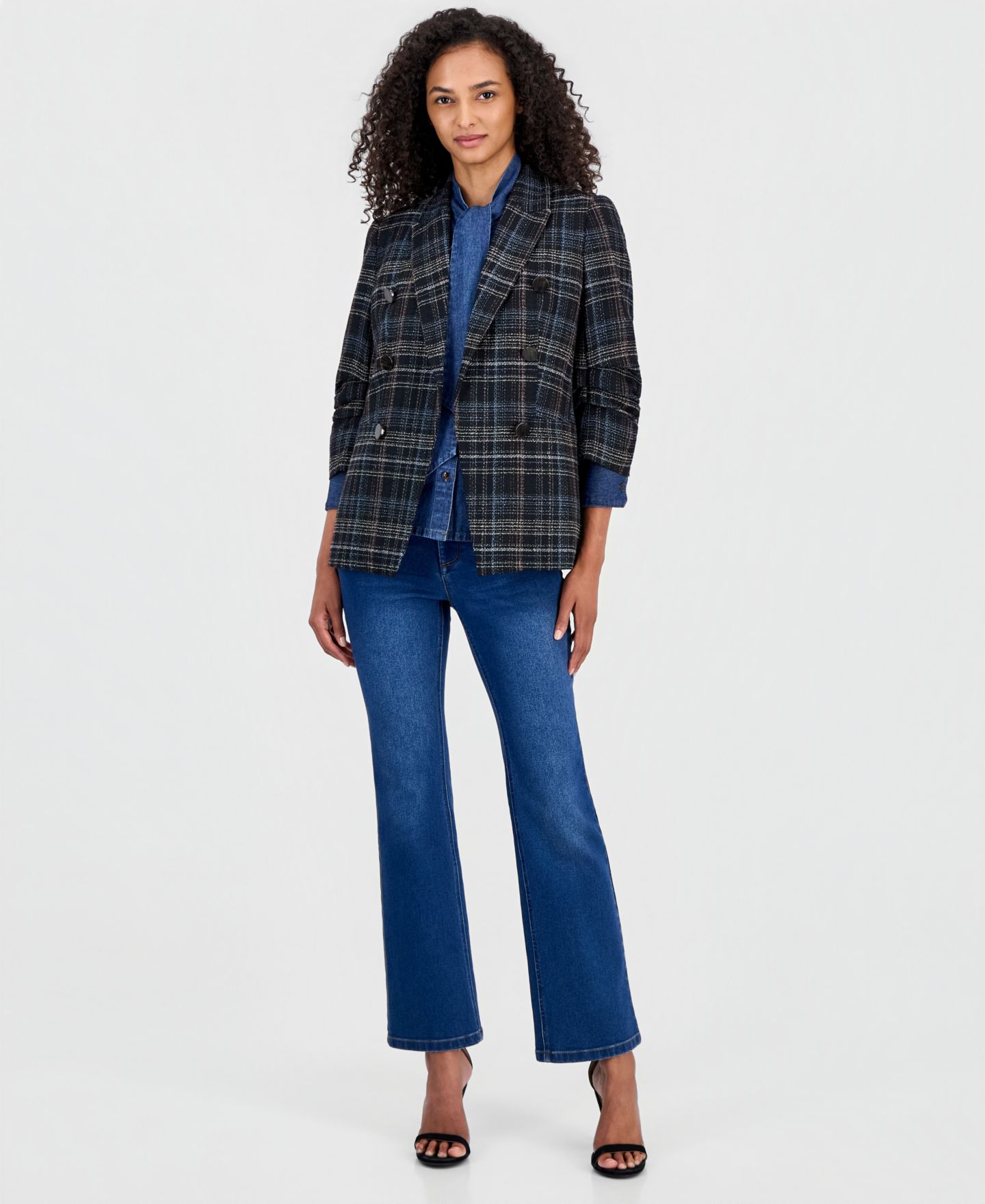 Женский пиджак Anne Klein Plaid Faux-Double-Breasted Blazer, цвет: Чёрный разноцветный — фото 2