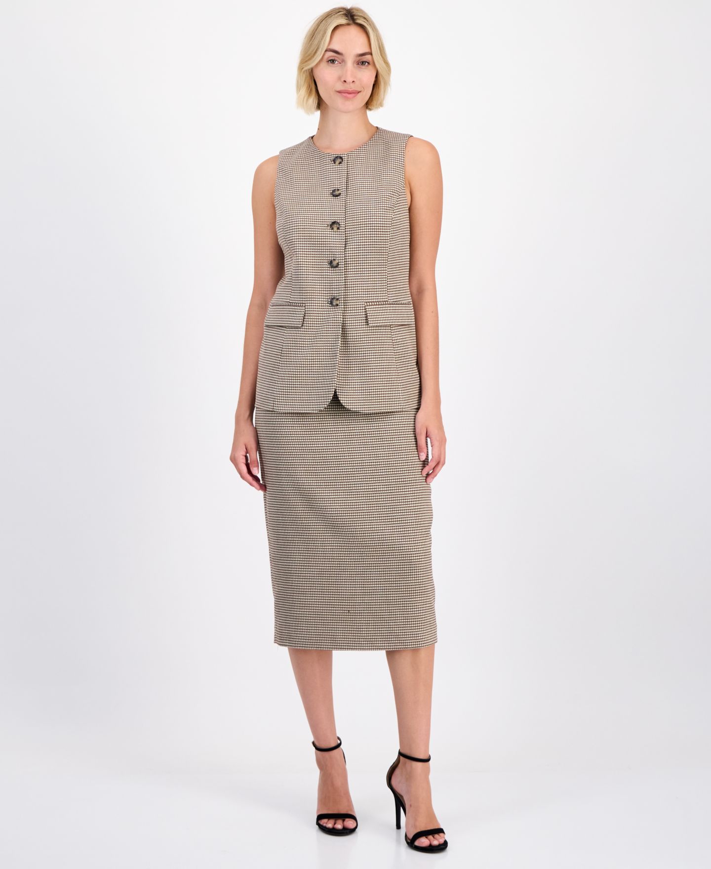 Женский жилет Anne Klein Five-Button Crewneck Vest, цвет: Натуральный глиняный разноцветный — фото 2