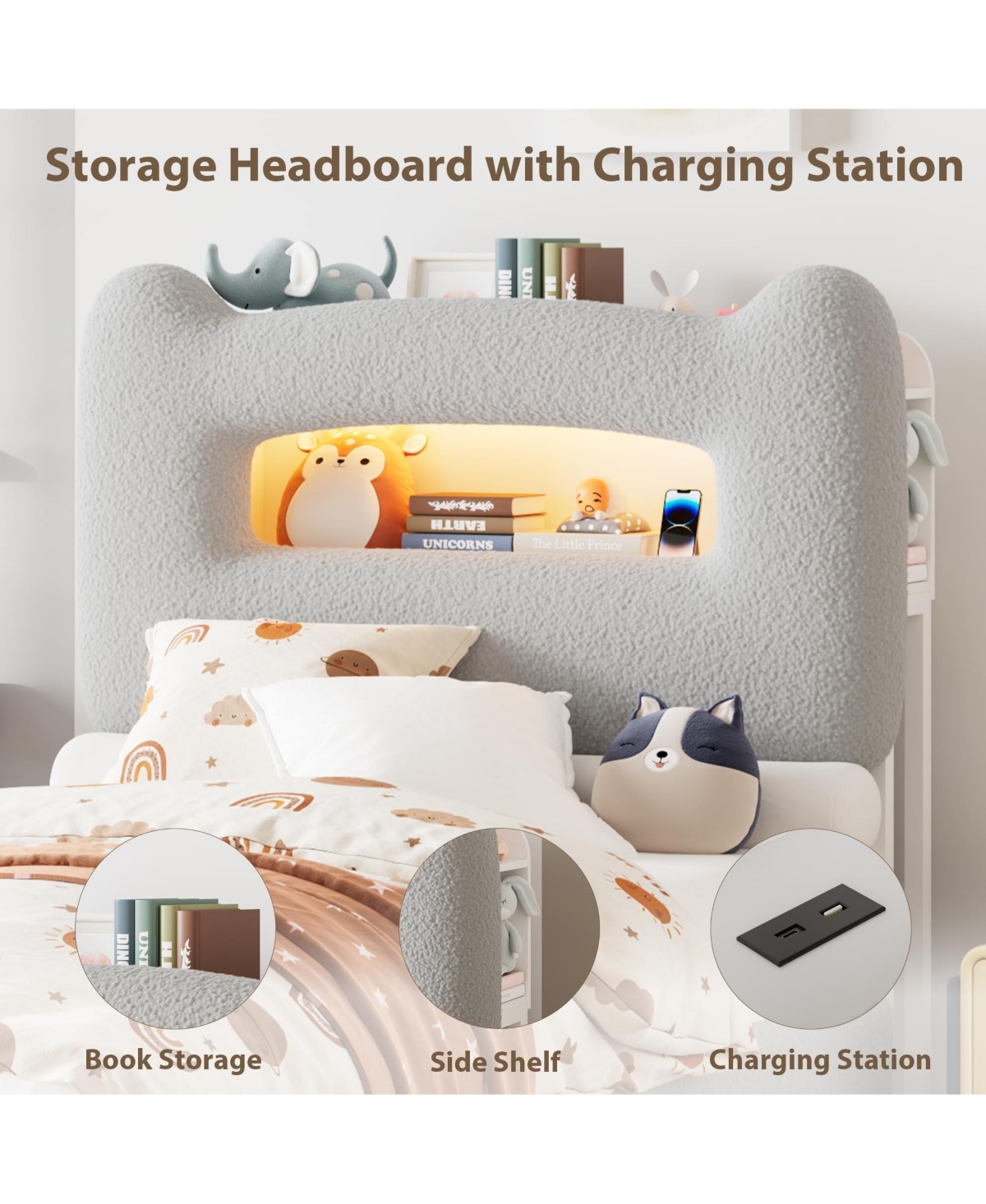 homfan Led Headboard Twin Upholstered Bed Frame with 2-Tier Storage Shelves, Charging Station and Drawer, Metal Support, No Box Spring Needed