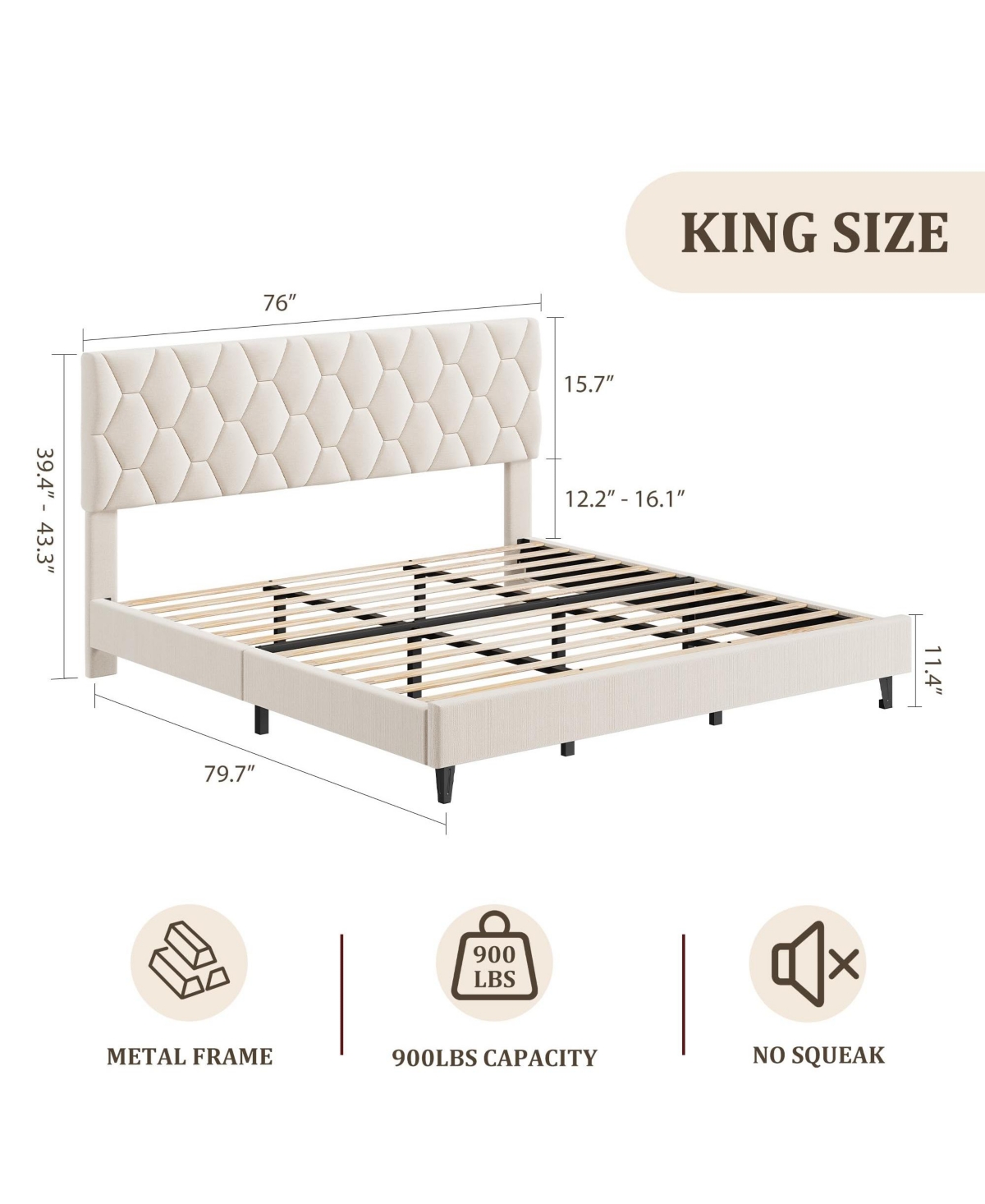 homfan Upholstered Platform Bed Frame with Adjustable Headboard, Wood Slat Support, Quiet Design