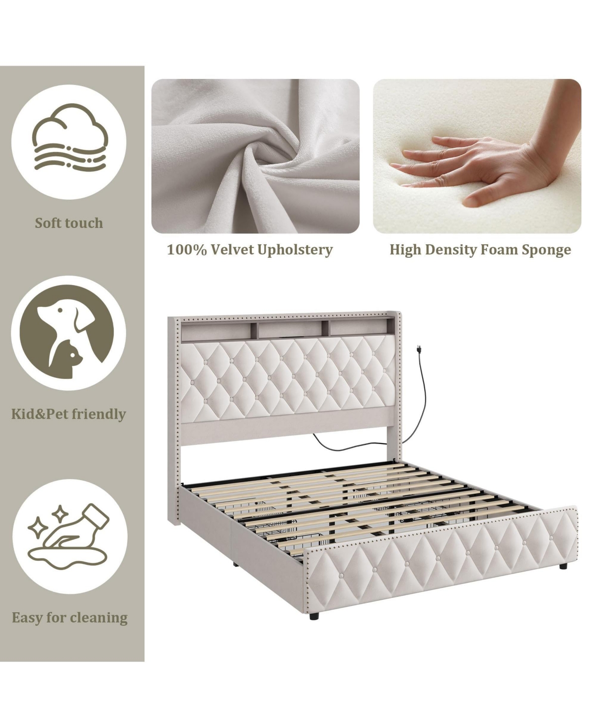 homfan Upholstered Bed Frame with Tall Headboard, 50.8inch Velvet 4 Storage Drawers and Usb Charging Station, No Box Spring Needed