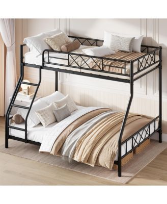 Heavy Duty Metal Bunk Bed Twin Over Full Size, Guardrail and Ladder, Low Profile Space-Saving Design, No Box Spring Required