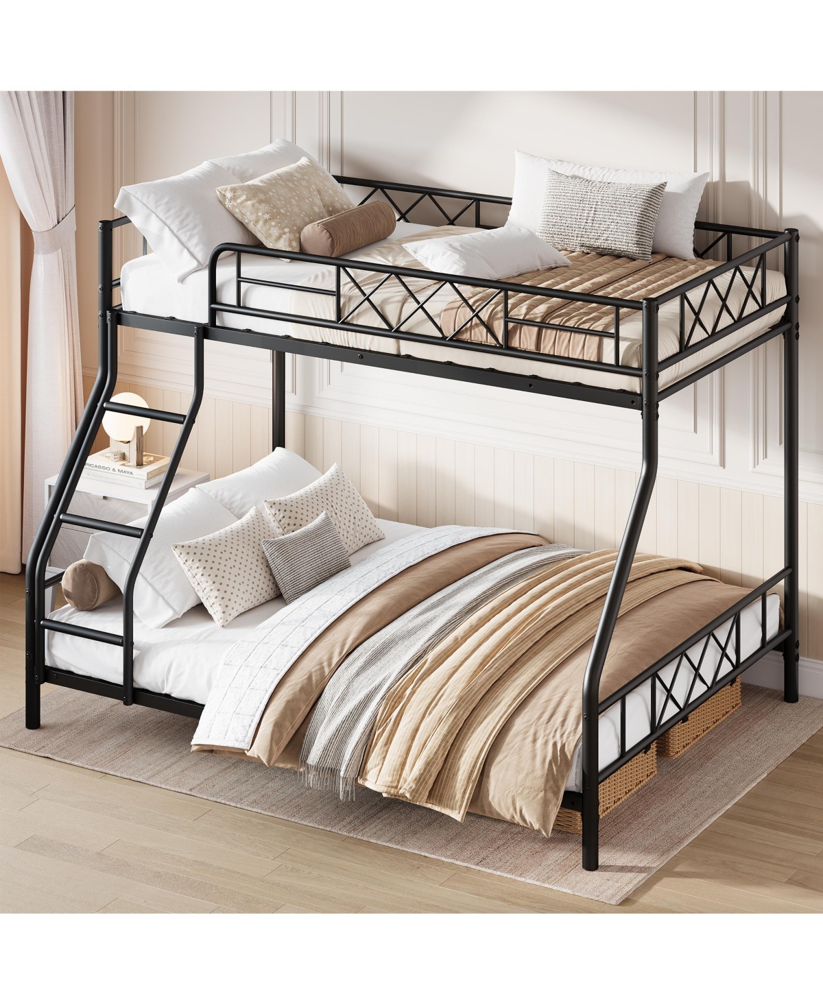 homfan Heavy Duty Metal Bunk Bed Twin Over Full Size, Guardrail and Ladder, Low Profile Space-Saving Design, No Box Spring Required