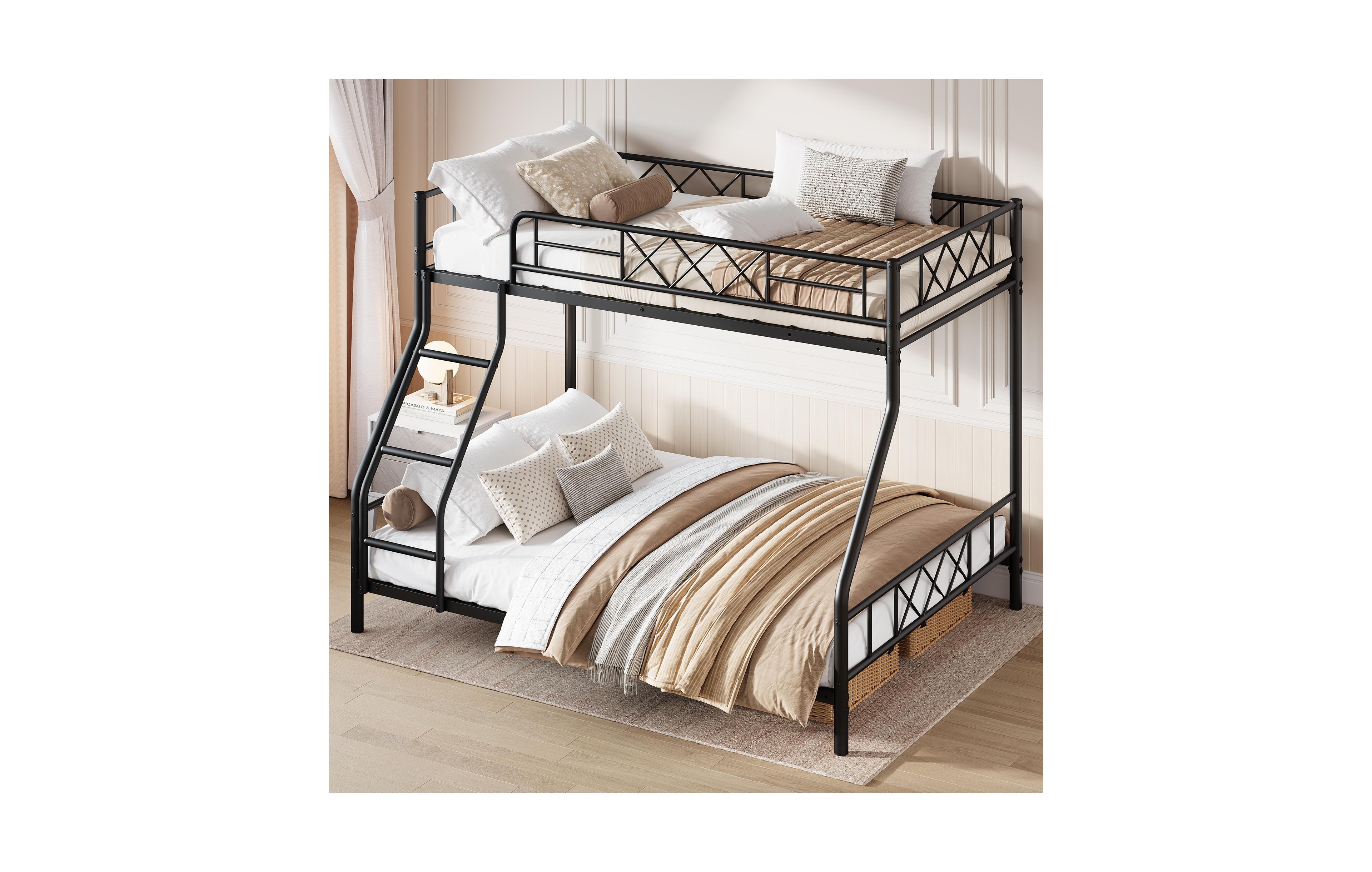 homfan Heavy Duty Metal Bunk Bed Twin Over Full Size, Guardrail and Ladder, Low Profile Space-Saving Design, No Box Spring Required
