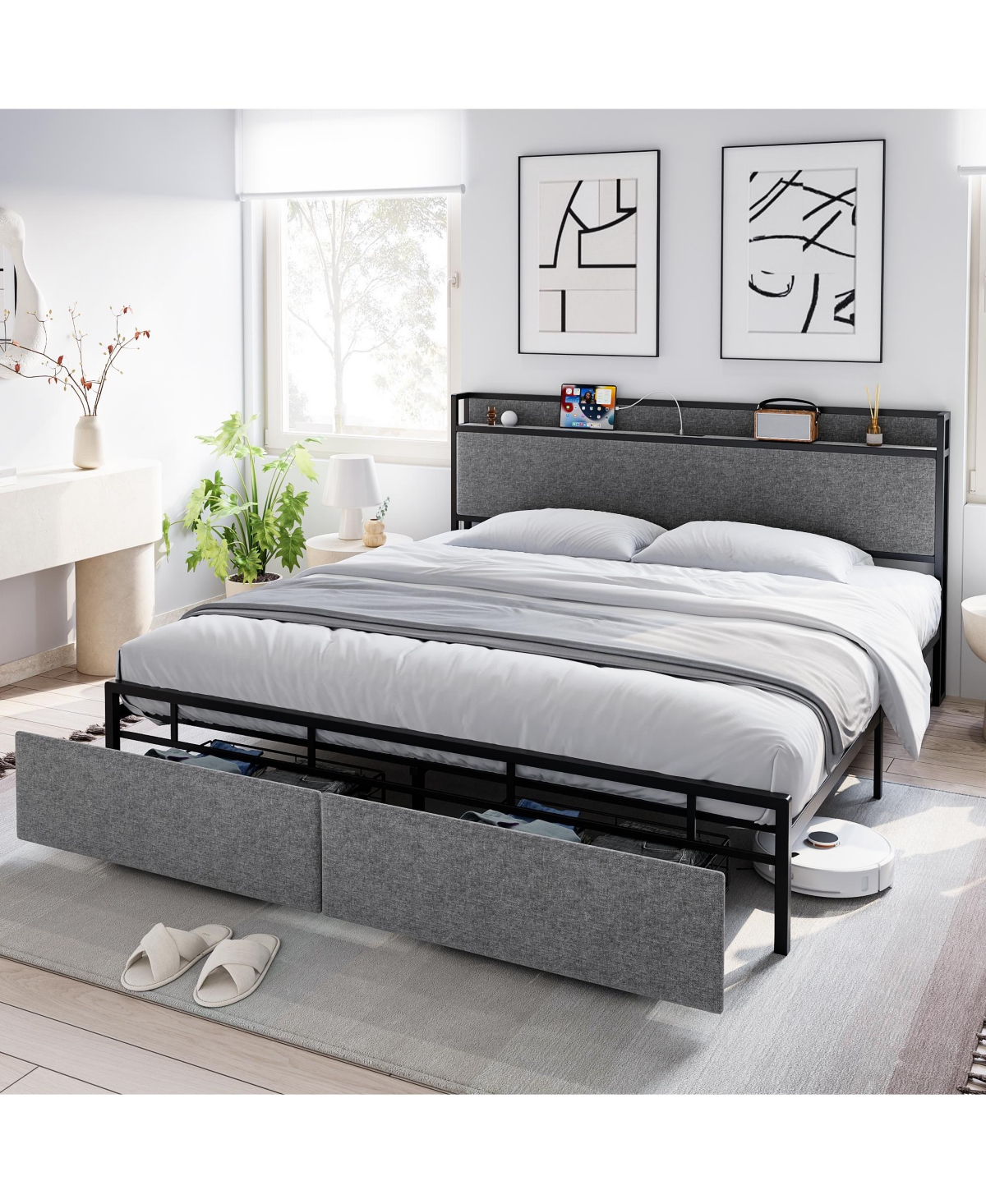 homfan Modern Upholstered Storage Platform Bed with Two Drawers, Shelf Headboard and Usb Charging Station, Heavy Duty Build