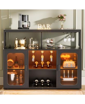 Wine Bar Cabinet with Glass Holders and and Doors, Buffet Wine cabinet with Power Outlet