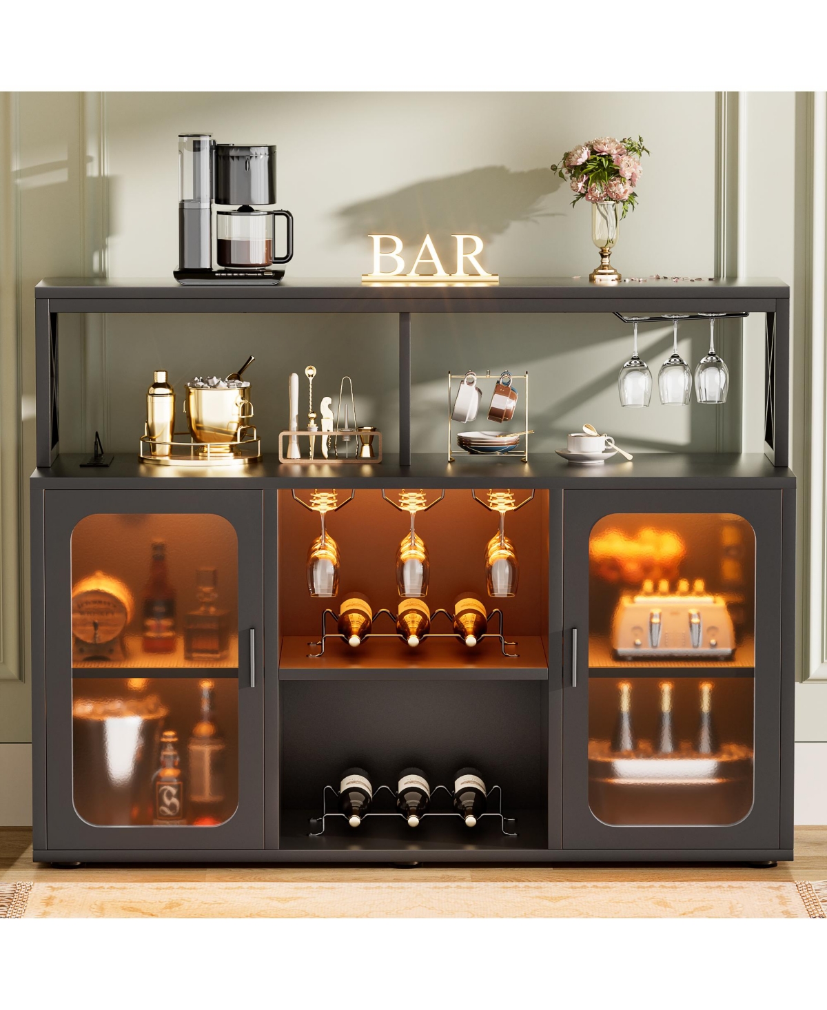 Aheaplus Wine Bar cabinet with Glass Holders and Doors, Buffet Power Outlet