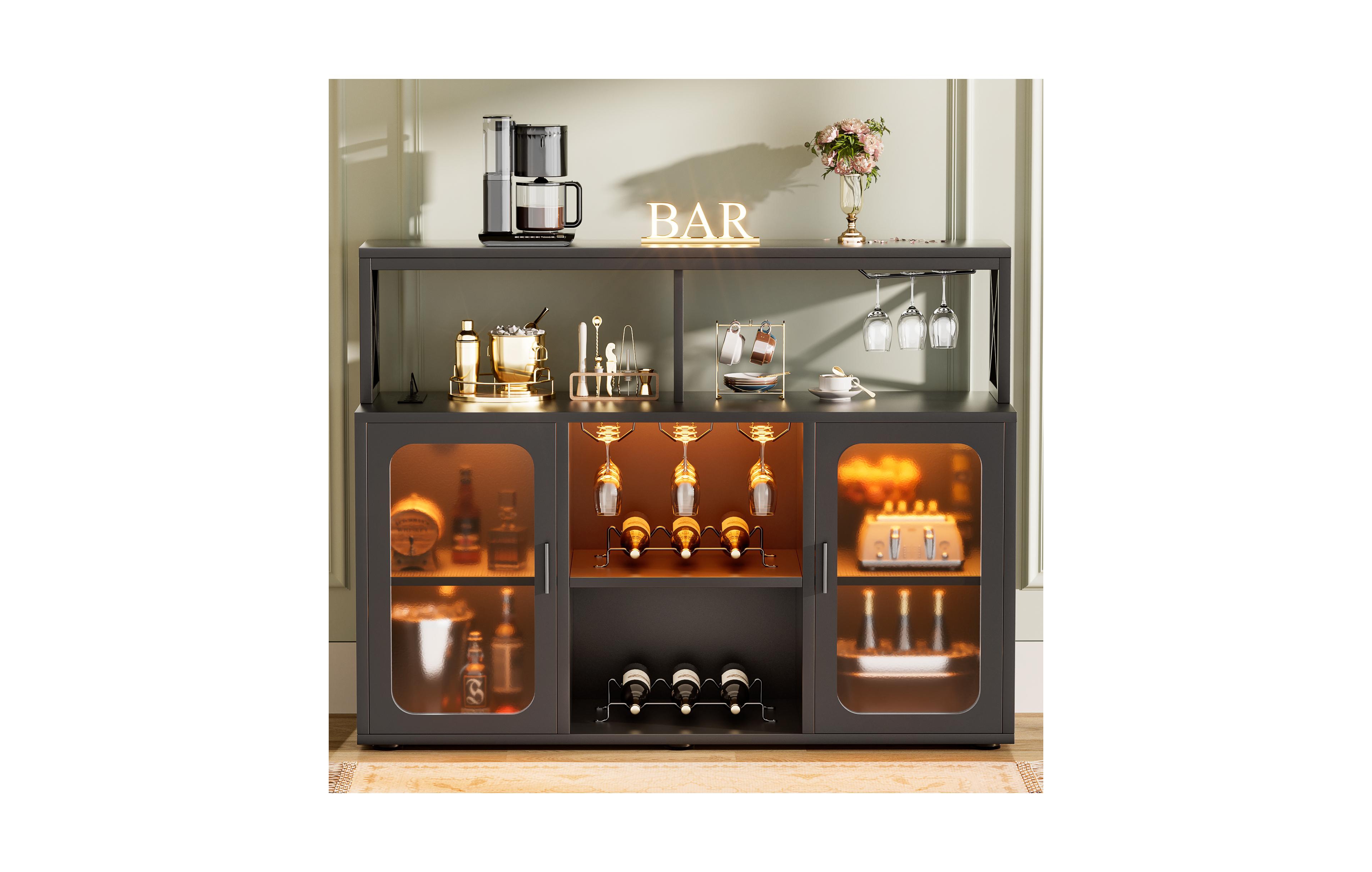 Aheaplus Wine Bar cabinet with Glass Holders and Doors, Buffet Power Outlet