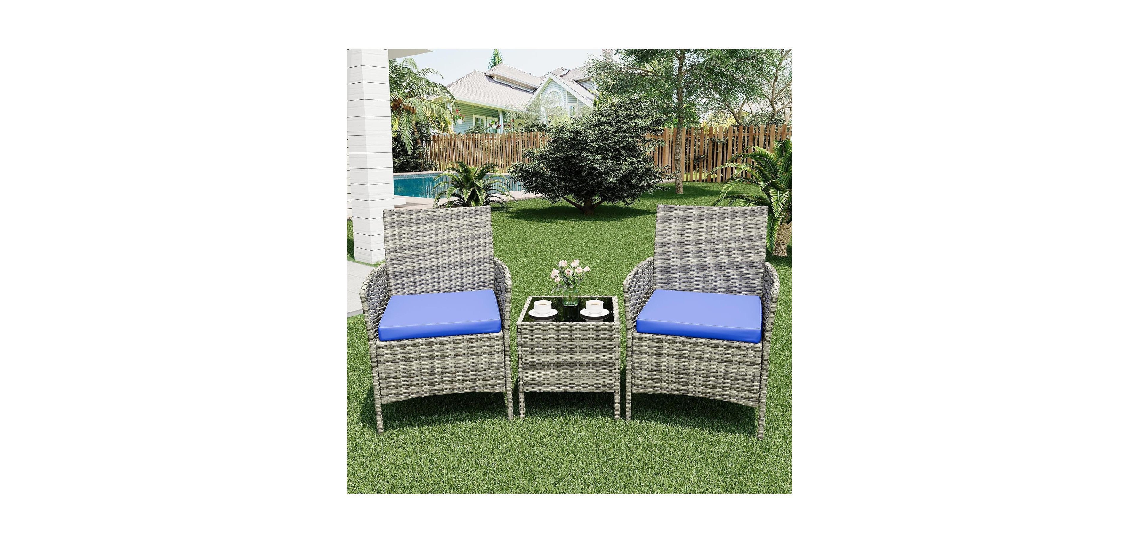 gaomon Wicker Bistro Set with Glass Table, Wicker and Cushions