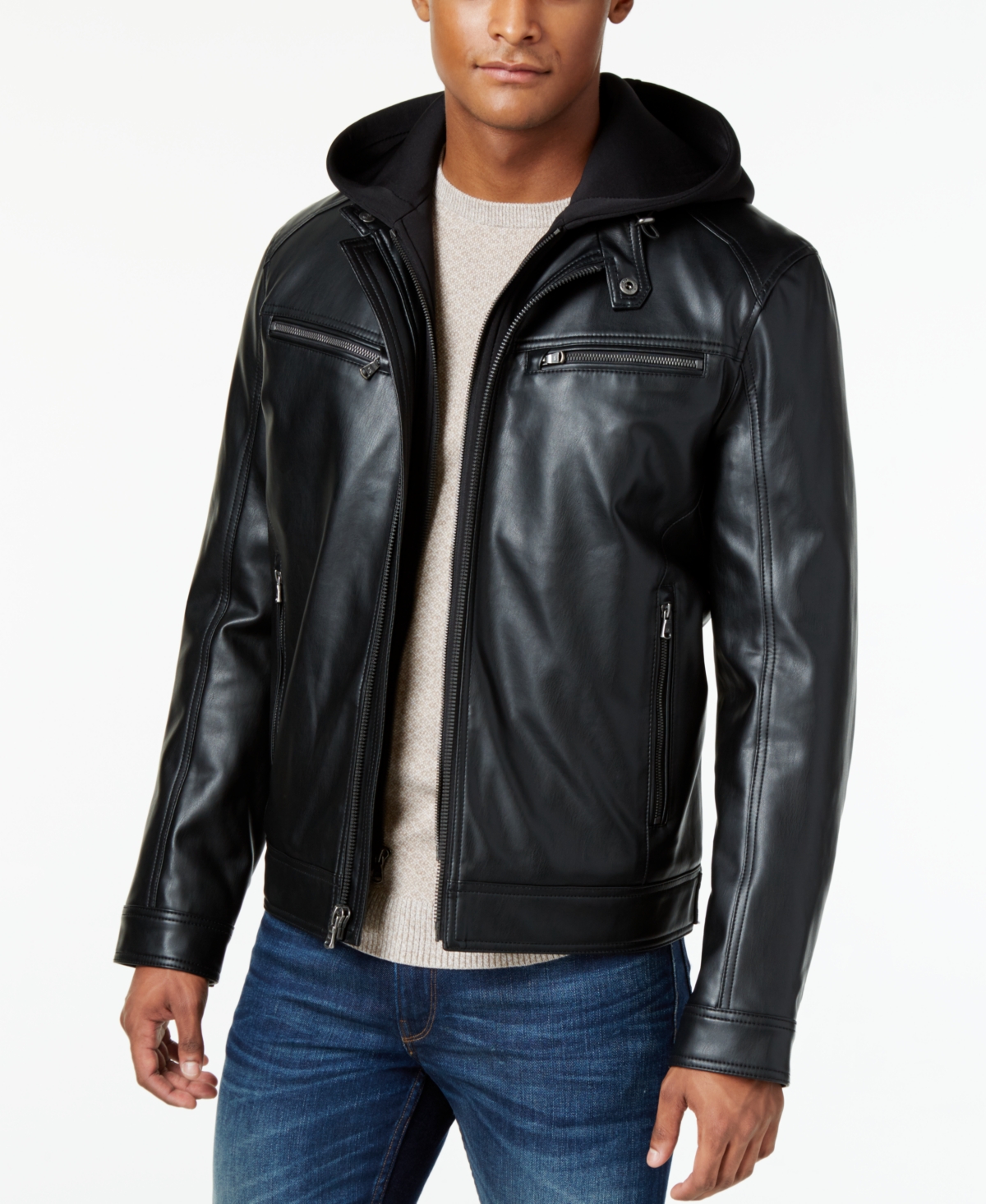 Men's Faux-Leather Hooded Bomber Jacket, Created for Macy's - Black
