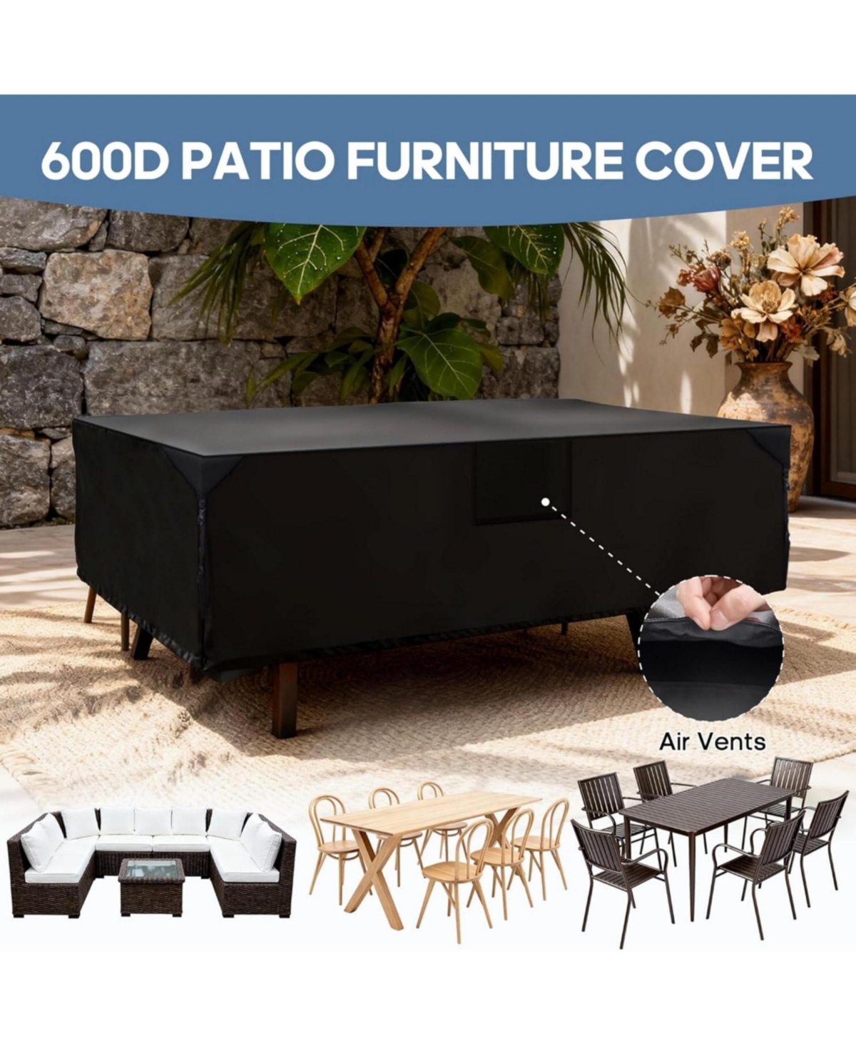 Yiortwo 600D Waterproof Patio Furniture Cover for Outdoor Dining Table and Chairs