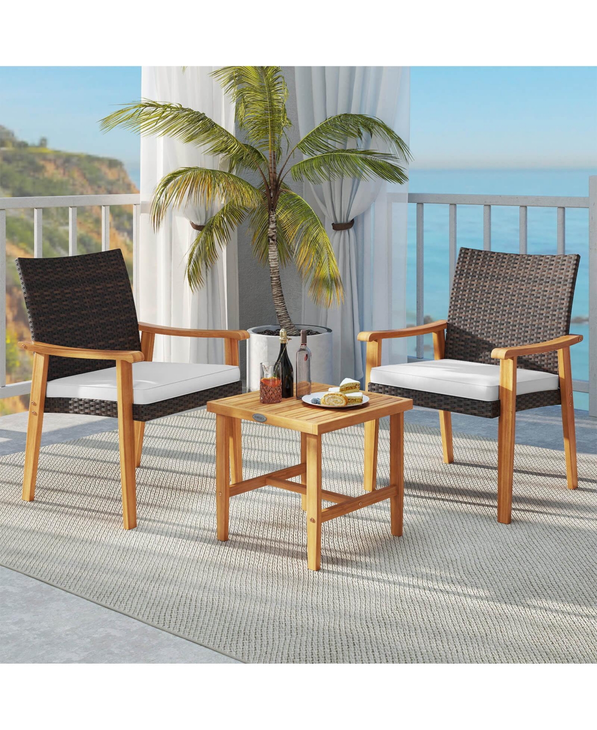 Costway 3 Pieces Patio Pe Wicker Furniture Set with Coffee Table and Cushions for Front Porch