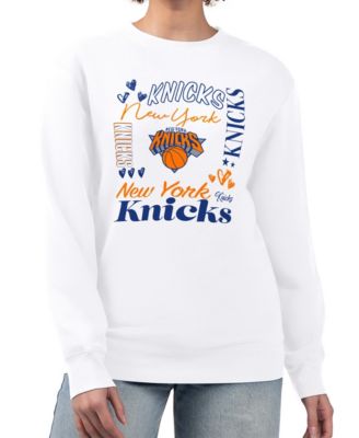 Women's White New York Knicks Collage Team Graphic Fleece Pullover Sweatshirt