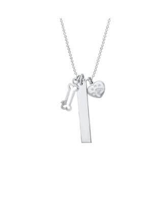 Paw Print Dog Tag Pendant Necklace Pet Lover Heart and Bone Charm .925 Sterling Silver