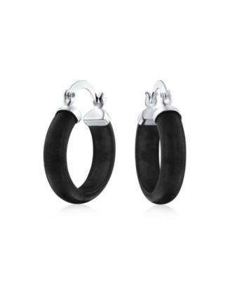 Classic Stone  Turquoise Onyx Round Tube Hoop Earrings .925 Sterling Silver .75 Inch Diameter