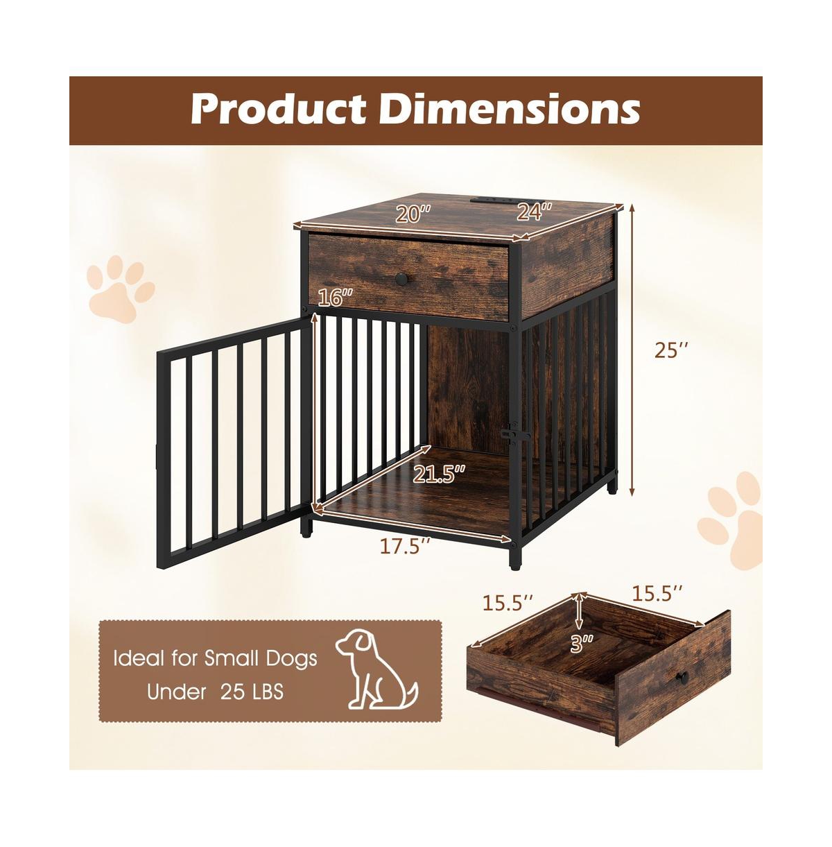 Ruie Wooden Dog Crate Side Table with Storage Drawer and Usb Charging Station