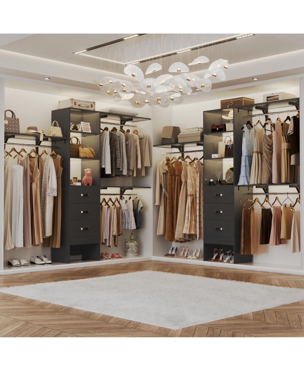 Aheaplus Closet System with 3 Hanging Rods, Drawers and Shelving Tower, 5-8 Feet Walk-in Organizer