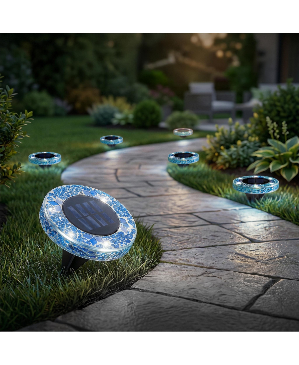 Mosaic Disk Lights Solar Powered 6 Led Weather Resistance Path 8-Piece